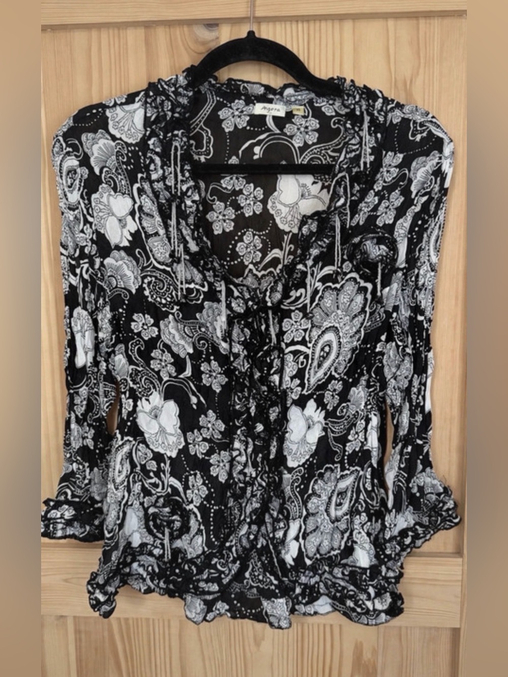 Agora Black & White Paisley Tie-Front Blouse
